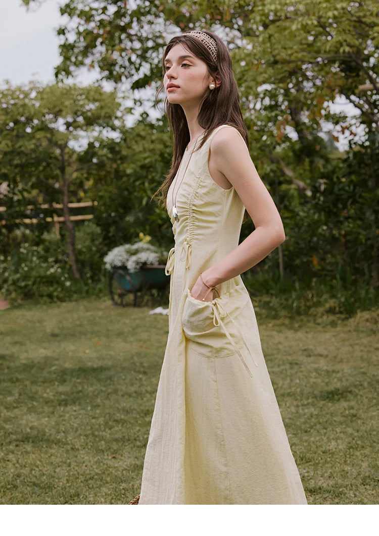 MISHOW Office Lady Summer Dress Women New 2025 Sleeveless Round Neck Drawstring Waist with Pockets Slim Dresses Woman MXE34L2228