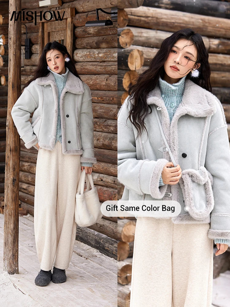 MISHOW Leather Fur Coat Fur Collar with Bag Women Winter Clothes Suede Plush Jacket Pocket Soft Thickened Warm Tops MXD57W0737