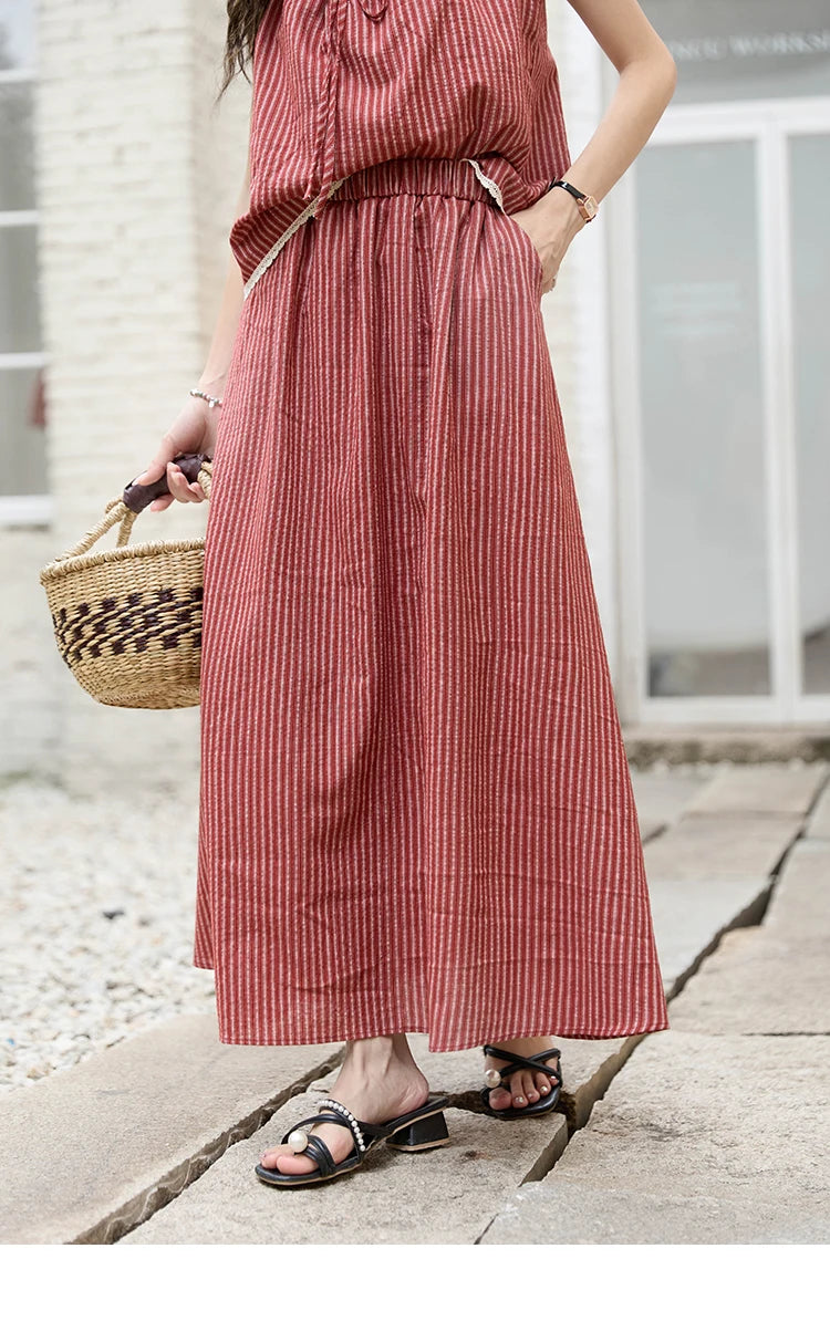MISHOW French Red Stripe Tank Blouse Elastic Waist Skirt Separately Women 2024 Summer Slim Vacation Strap Waist Skirt MXD30X1631