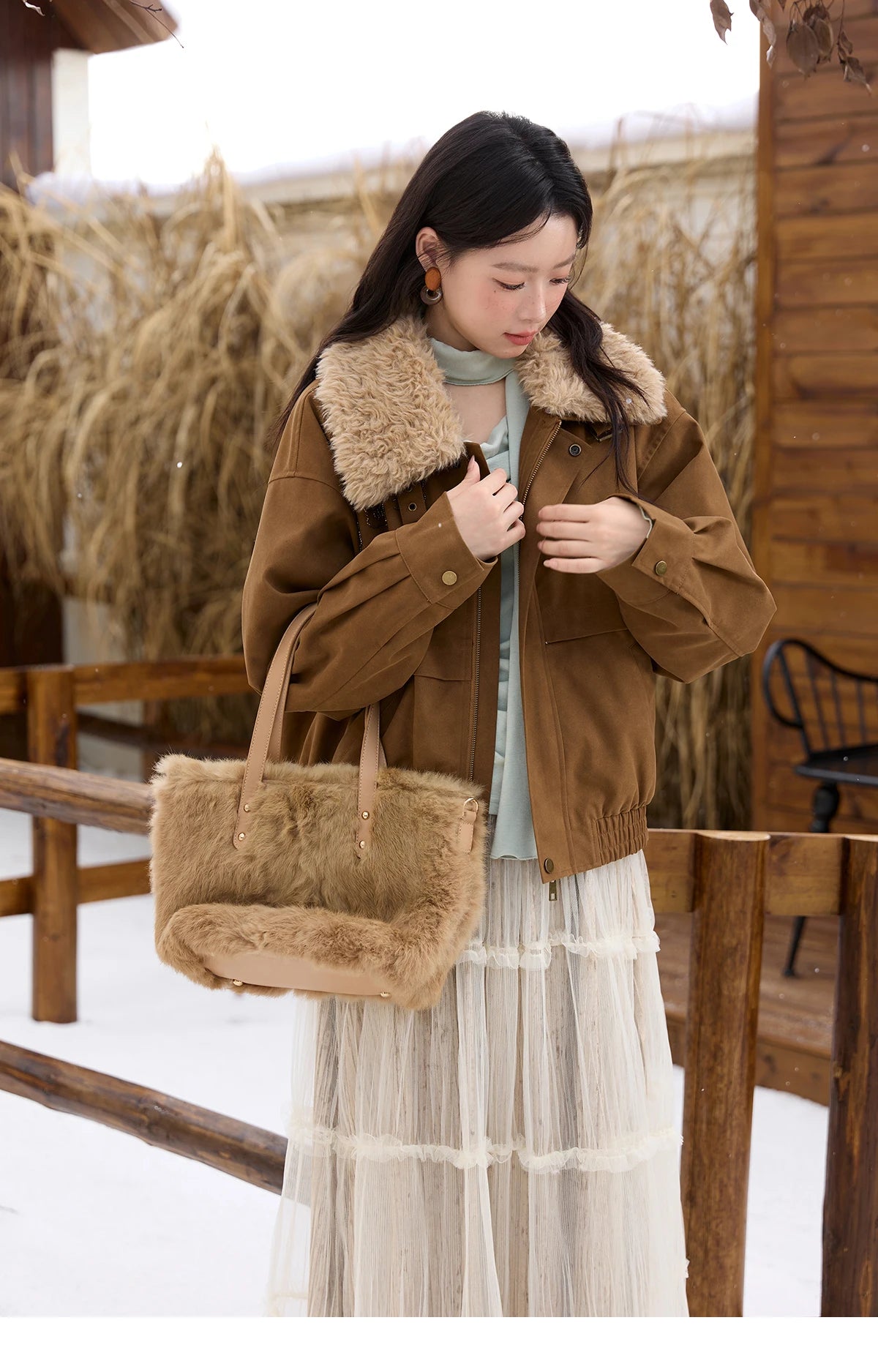 MISHOW Brown Suede Jacket for Women 2025 Winter New Detachable Fur Collar Coat commute Long Sleeve Zipper Jacket MXE51W0876