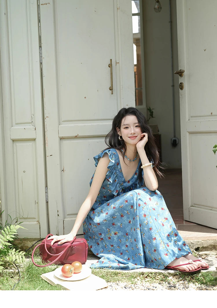 MISHOW Women's Fashion V-neck Ruffled Floral Dress Summer 2025 Flying Sleeve Waist Lace Up Casual Vacation Dresses MXE39L2436