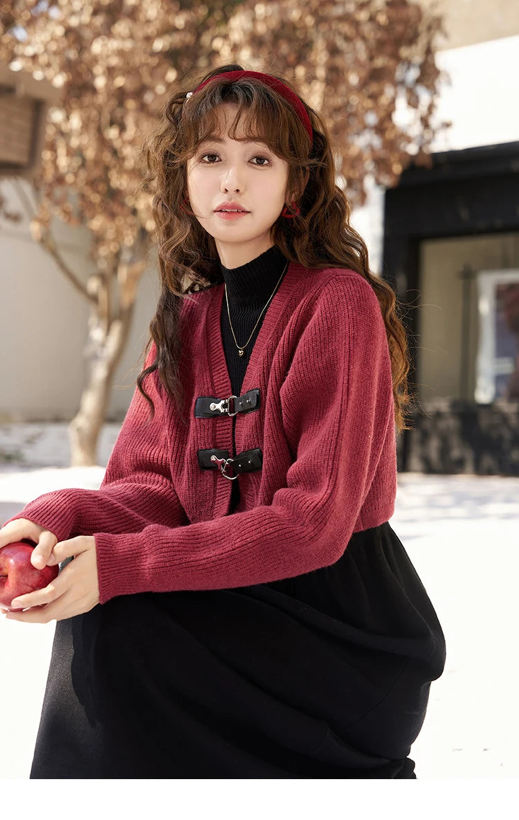 MISHOW Knitted Dress Solid Cardigan Separately Women Winter V Neck Sweater Midi A-line High Waist Dress Short Tops MXC59L1646