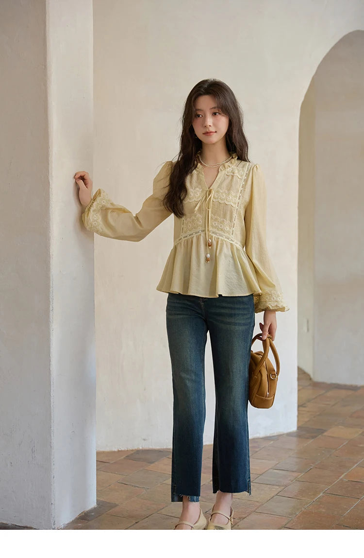 MISHOW French Thin V-neck Blouse 2025 Autumn Lace Patchwork Elastic Cuffs Top Bead Drawstring Lantern Sleeves Blouses MXE41X1925