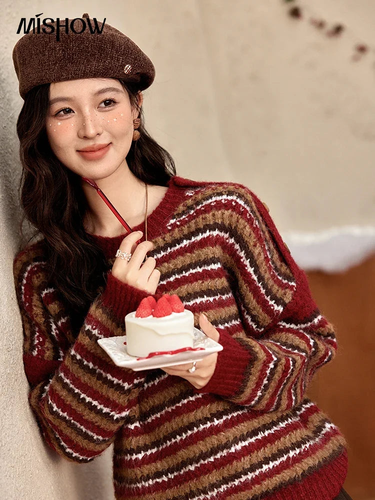 MISHOW Christmas Retro Striped Wool Blend Sweater Women Button Decoration Women Clothing Thick O-Neck Knitted Tops MXD59Z1060