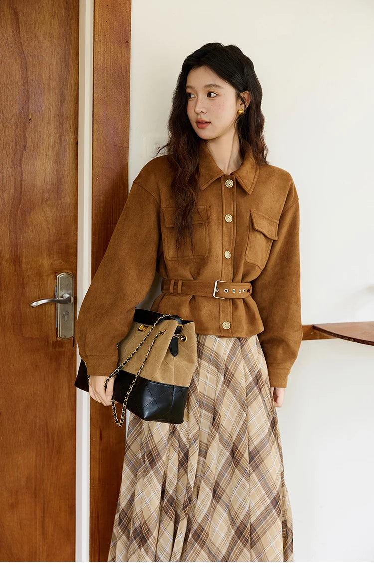 MISHOW Short Jacket for Women 2025 Autumn New Brown Lapel Metal Button Decorated Jacket Windproof Commuter Outerwear MXE46W0864