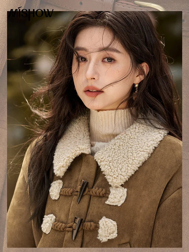 MISHOW Vintage Coats Midi Skirts Separately Brown Suede Plush Jacket Bull Horn Buckle Spliced Design Thick Warm Top MXD36W0500