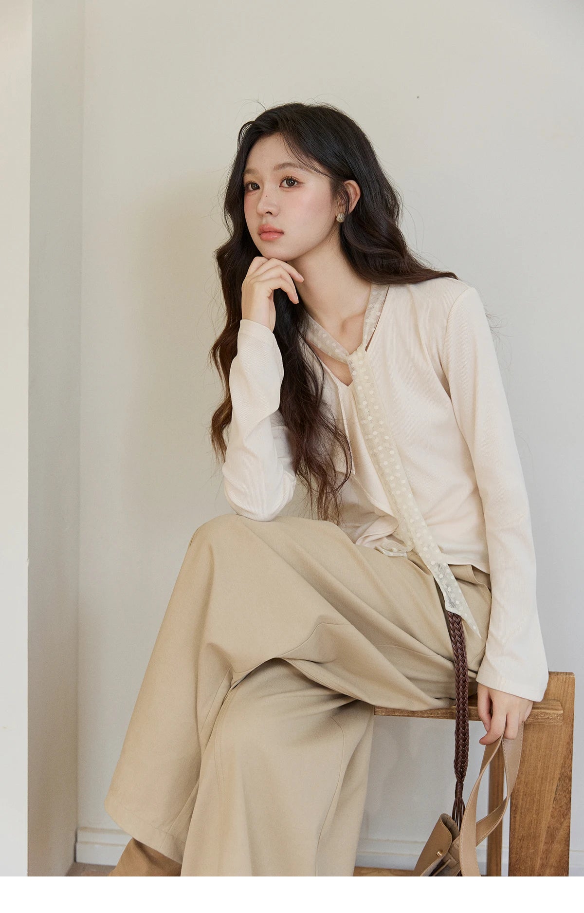 MISHOW Women's V-neck Splicing Lace Ribbon Long Sleeve Tops Spring Ruffled Asymmetrical Hem Flare Sleeve Knitwear MXF108Z1016