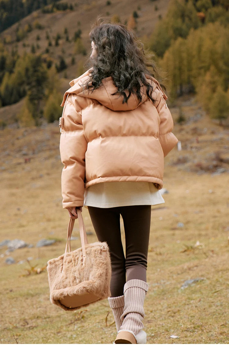 MISHOW Women's Winter Down Jacket 2023 Hooded Short White Duck Down Coats Imitation Protein Leather Puffer Jackets MXC52Y0008