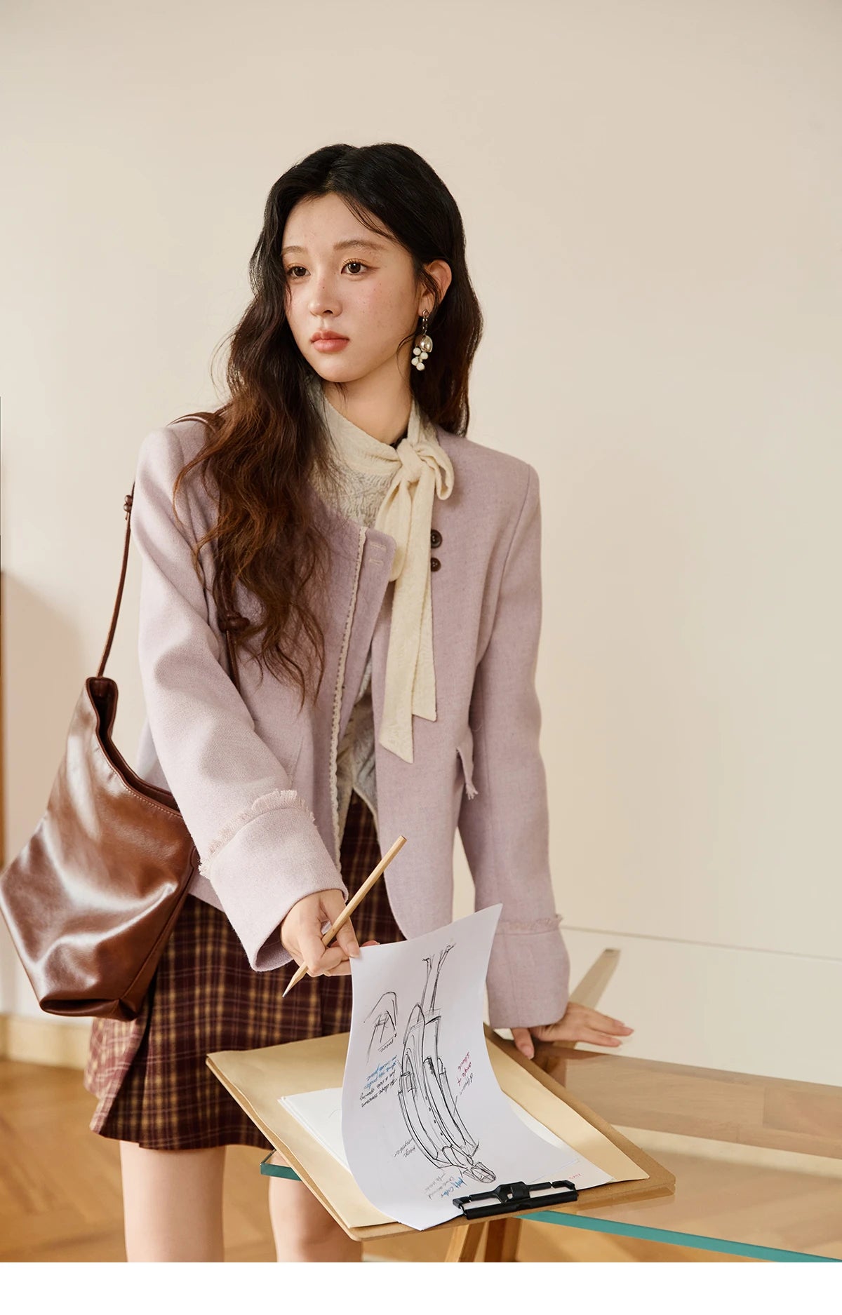 MISHOW Purple Woolen Coat for Women Autumn 2025 Slanted Placket Splicing Lace Coats Shoulder Pads Retro Short Jackets MXE47W0840