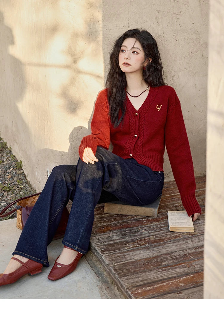 MISHOW Elegant V-neck Sweater Women's Long-sleeved Knitted Jacket 2025 Fall Winter New Korean Vintage Short Cardigan MXD48Z0848