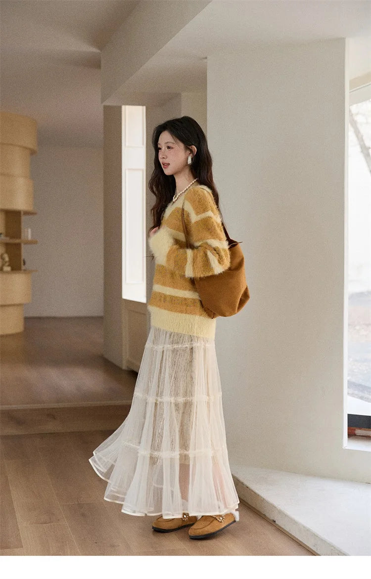 MISHOW Women's V-neck Knit Pullover Retro Yellow Striped Sweater 2025 Casual Faux Mink Jacquard Loose Knit Sweater MXE87Z2766