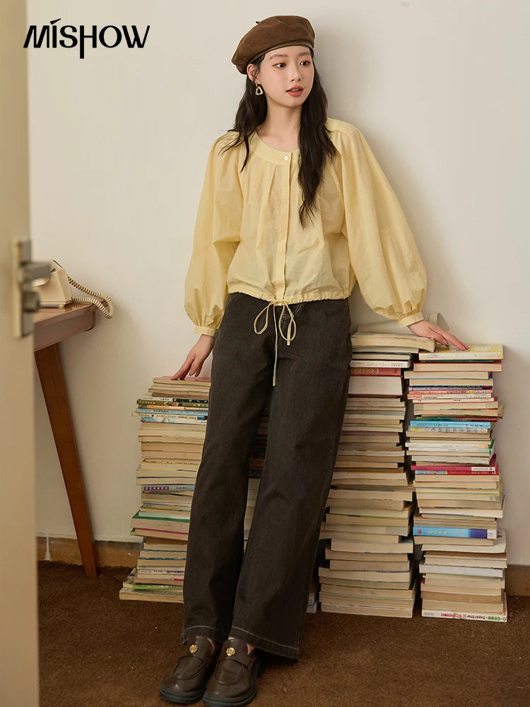 MISHOW Light Yellow Pleated Shirt 2025 Autumn Drawstring Hem Lantern Sleeve Top O-neck Cotton Blend Casual Shirts MXE45X2490