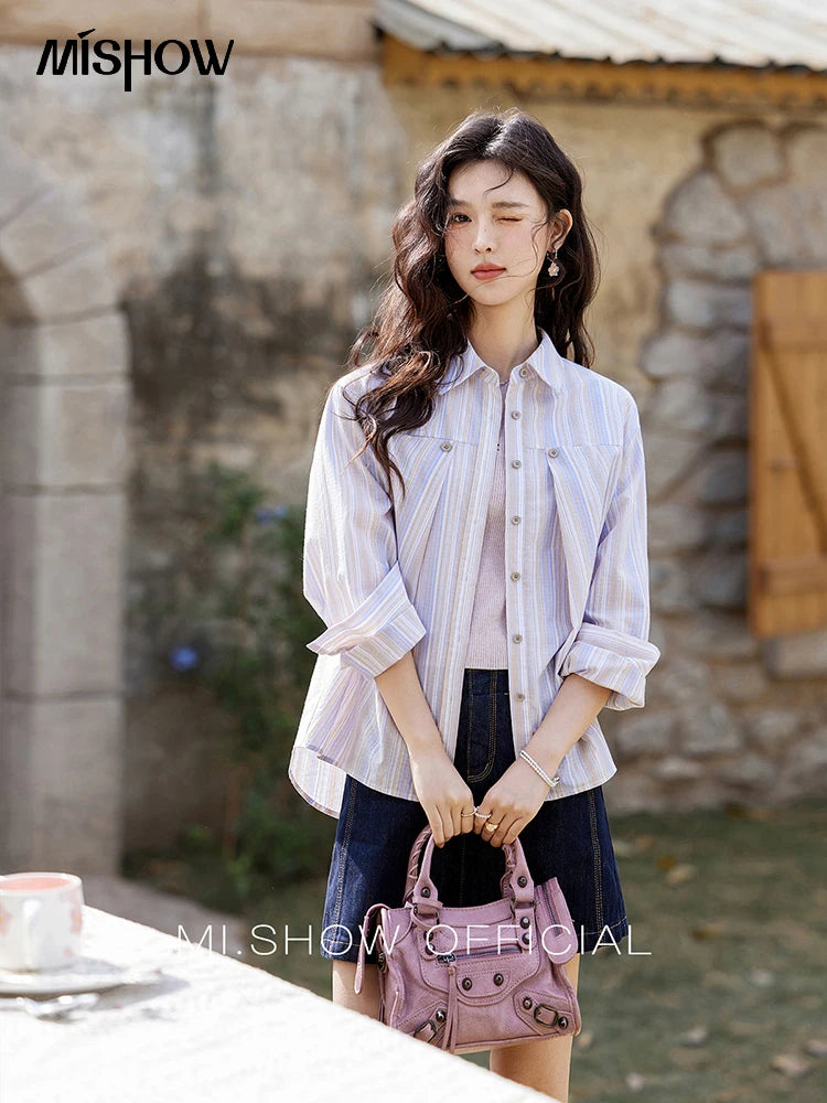 MISHOW Purple Striped Loose Shoulder Shirt for Women 2025 Casual Turn-down Collar Top Single Breasted Commuting Shirt MXE13C0407