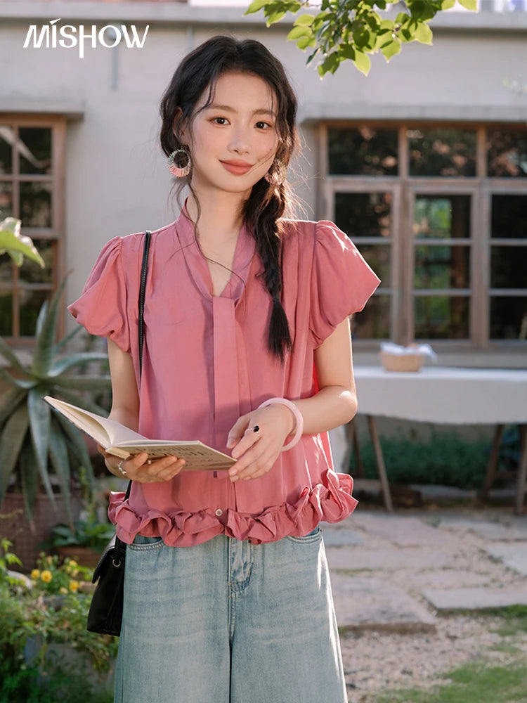 MISHOW Women's Summer V-neck Blouse 2025 New Fashion Puff Sleeve Lace Up Button Sweet Top Casual Female Clothing MXE38X1914