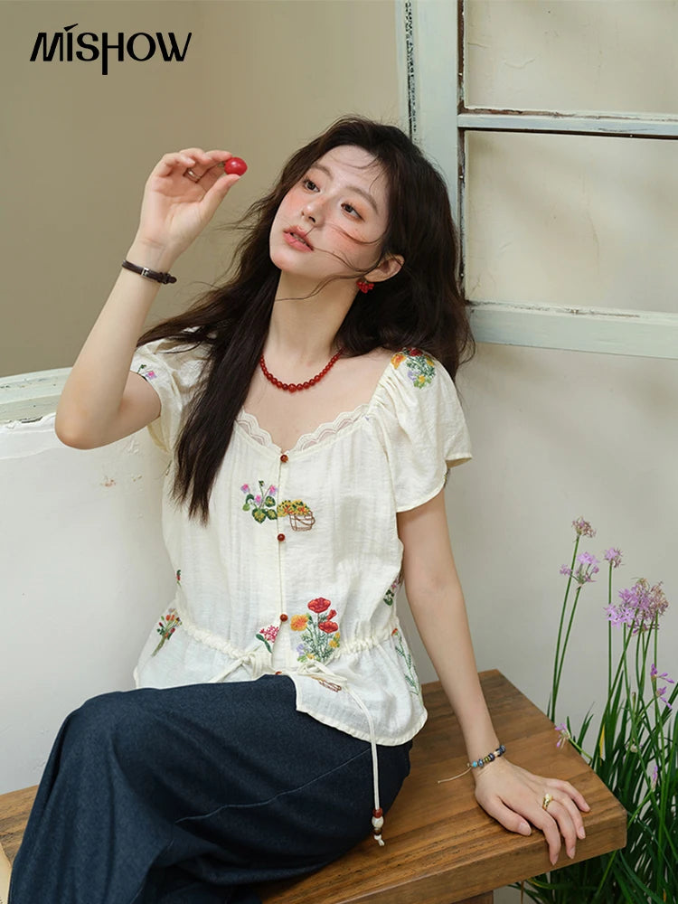 MISHOW Women's Fashion Flower Embroidery Blouse Summer 2025 Square Neck Lace Drawstring Short Top Ladies Clothing MXE37X1895