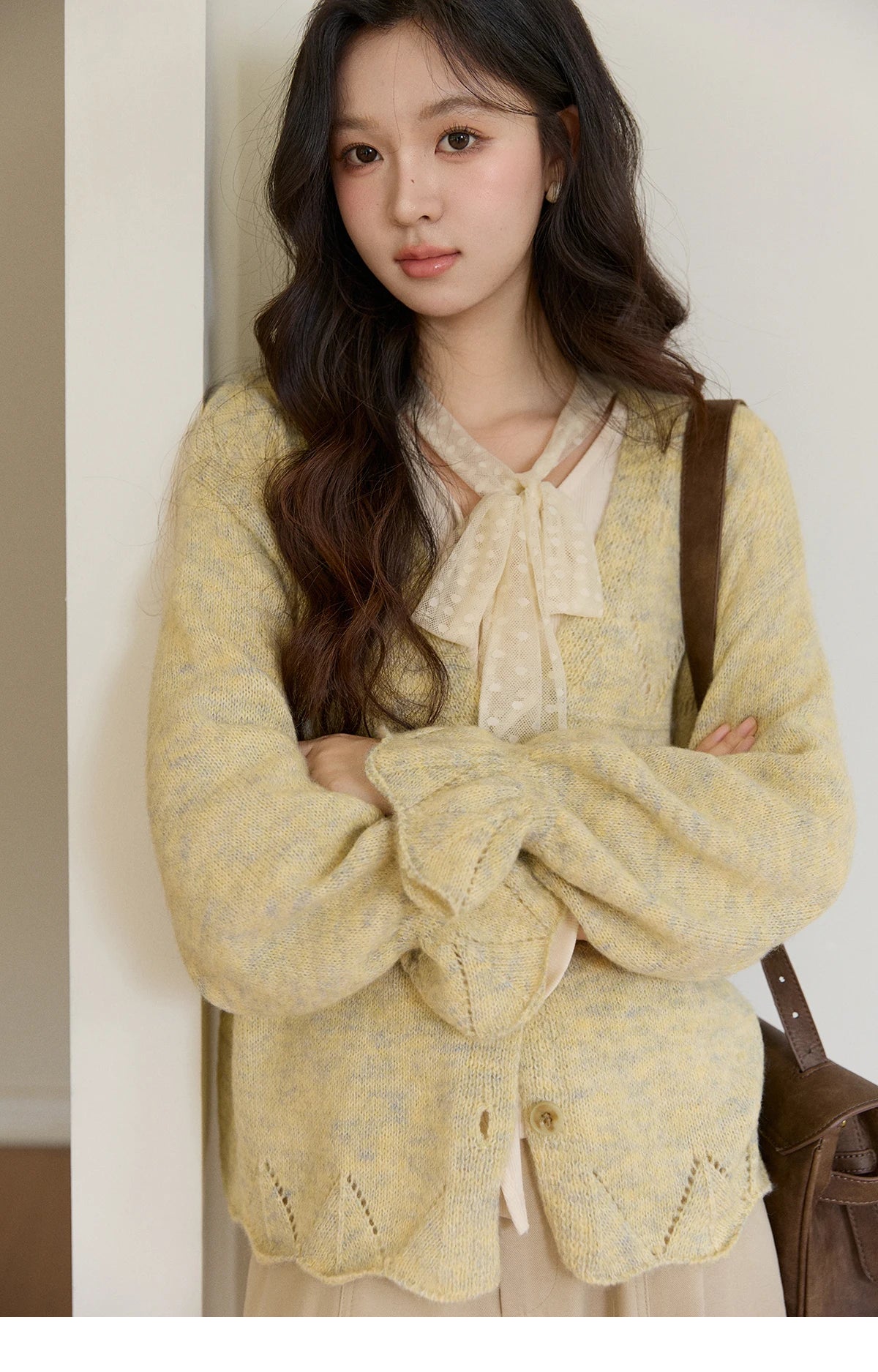 MISHOW Women's Marled Yellow Mohair Knit Cardigan 2026 Spring V-Neck Flare Sleeve Cardigans Casual Loose Sweater MXF108Z1021