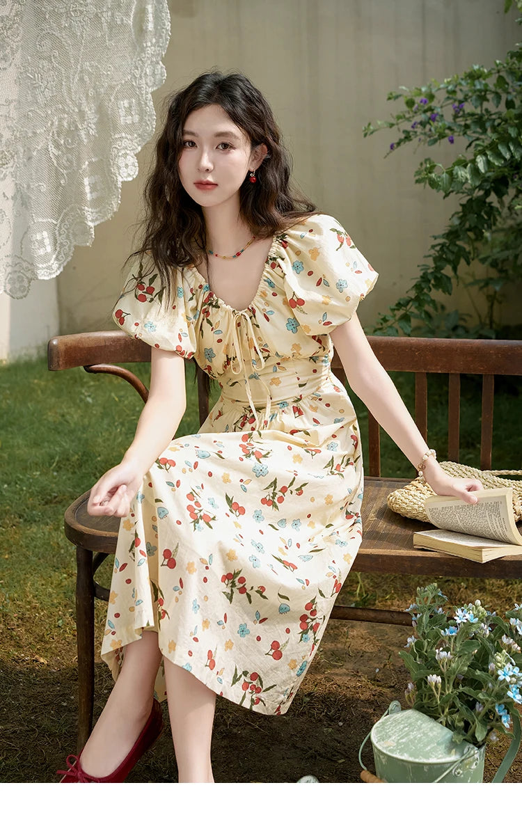 MISHOW French 100 Cotton Floral V-neck Dress Women 2025 Summer Bubble Sleeve Drawstring Lace-up Temperament Dresses MXD30L1868