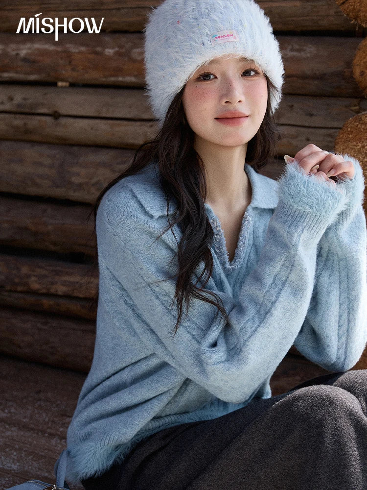 MISHOW Luxury Women's Sweaters 2025 Winter Blue Polo Collar Cable Knit Faux Mink Pullovers Loose Commute Tops Lady MXE88Z2756