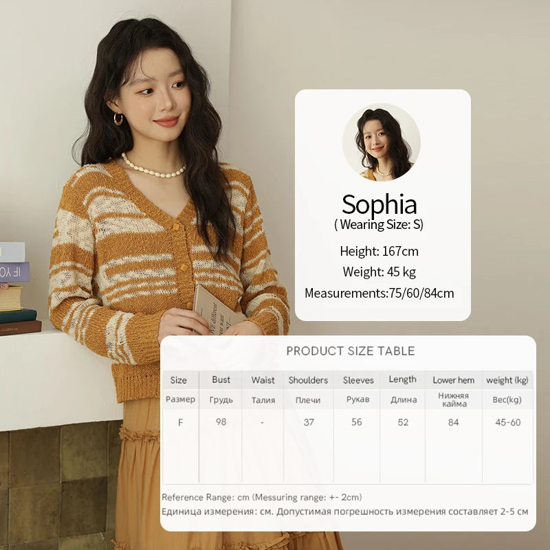 MISHOW Women's Striped Cardigan 2025 Autumn New Retro Yellow V-neck Long Sleeves Single-breasted Short Sweater Coats MXE44Z2516