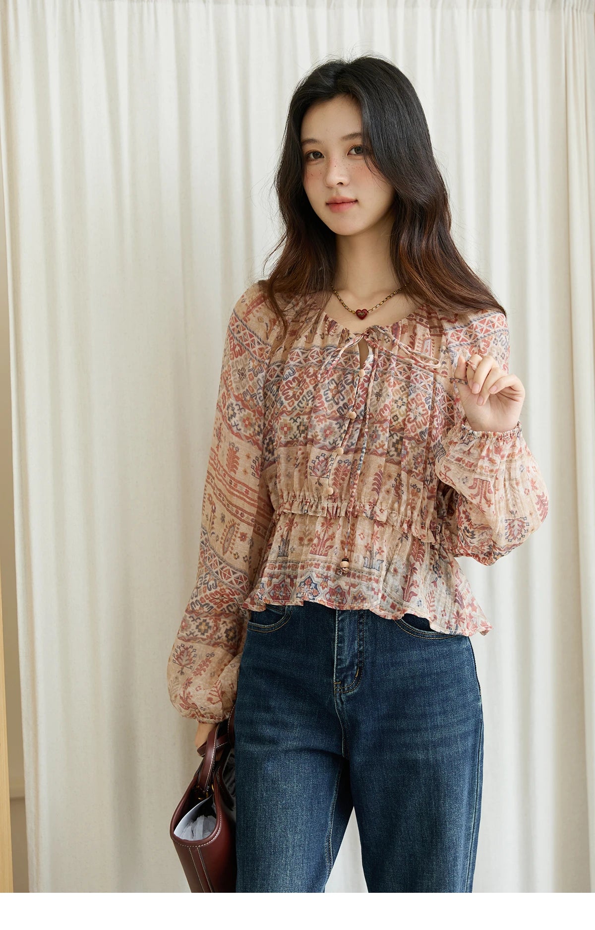 MISHOW Blouse Women 2025 National Style Printed Waist Round Neck Long-sleeved Top Commute Comfortable Autumn Blouse MXE47X2508