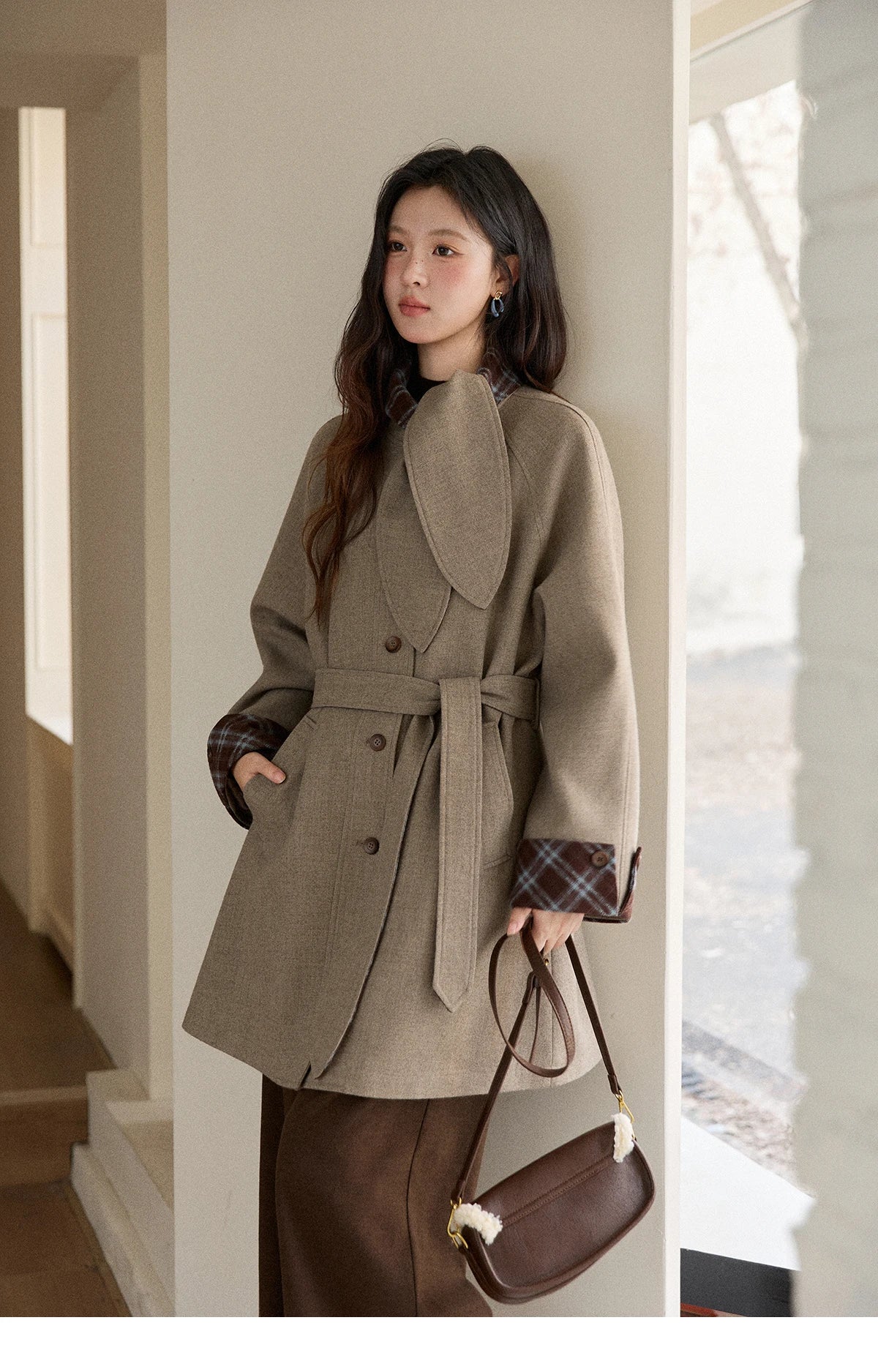 MISHOW Retro British Plaid Patchwork Woolen Coat Winter 2025 Rabbit Ear Tie Collar Waist Cinching Belt Woolen Coats MXE90W0924