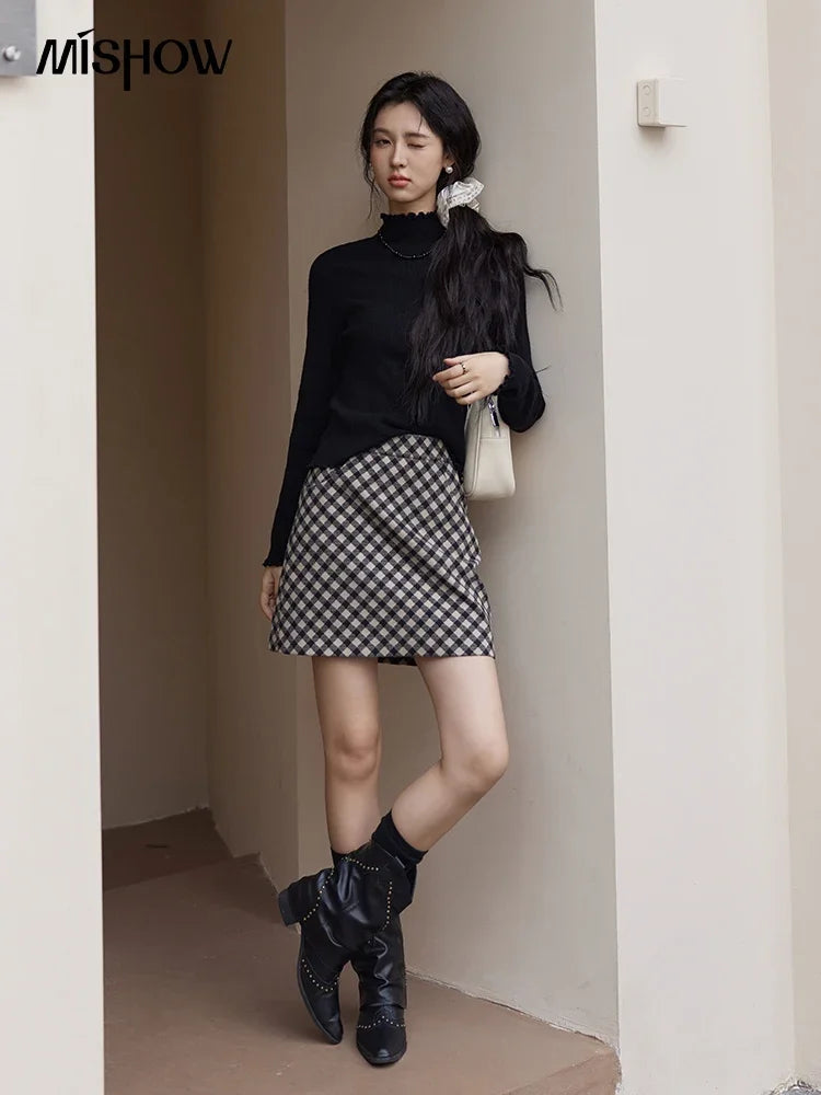 MISHOW Bottom Knitted Sweater Women Ruffled Edge High Collar Long Sleeve 2025 Winter Solid Slim Thin Internal Tops MXD48Z0850