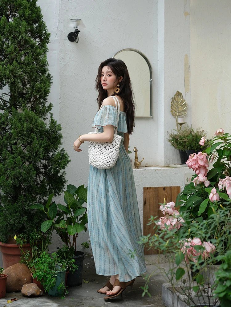 MISHOW Women's Fashion Slash Neck Chiffon Dress 2025 Ladies Elegant Vacation Striped French Dresses Female Clothing MXE39L2380