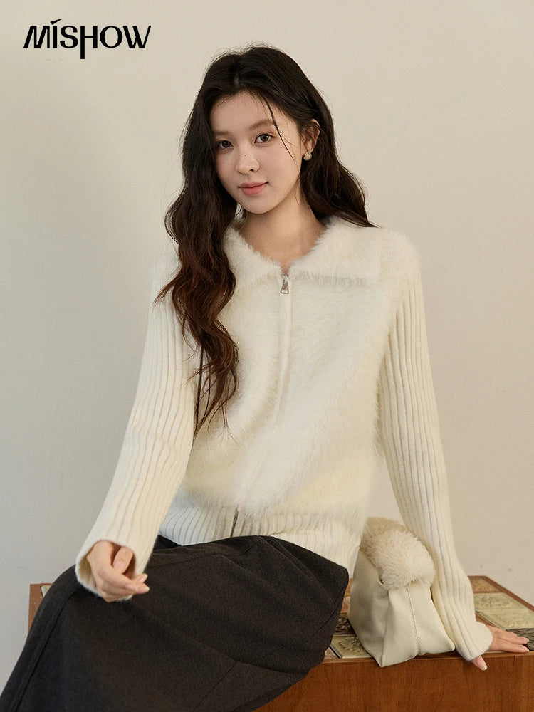 MISHOW Women's White Faux Fur Knit Cardigan 2025 Autumn Winter Fake Two-Piece Zipper Lapel Collar Warm Soft Outerwear MXE94Z2992