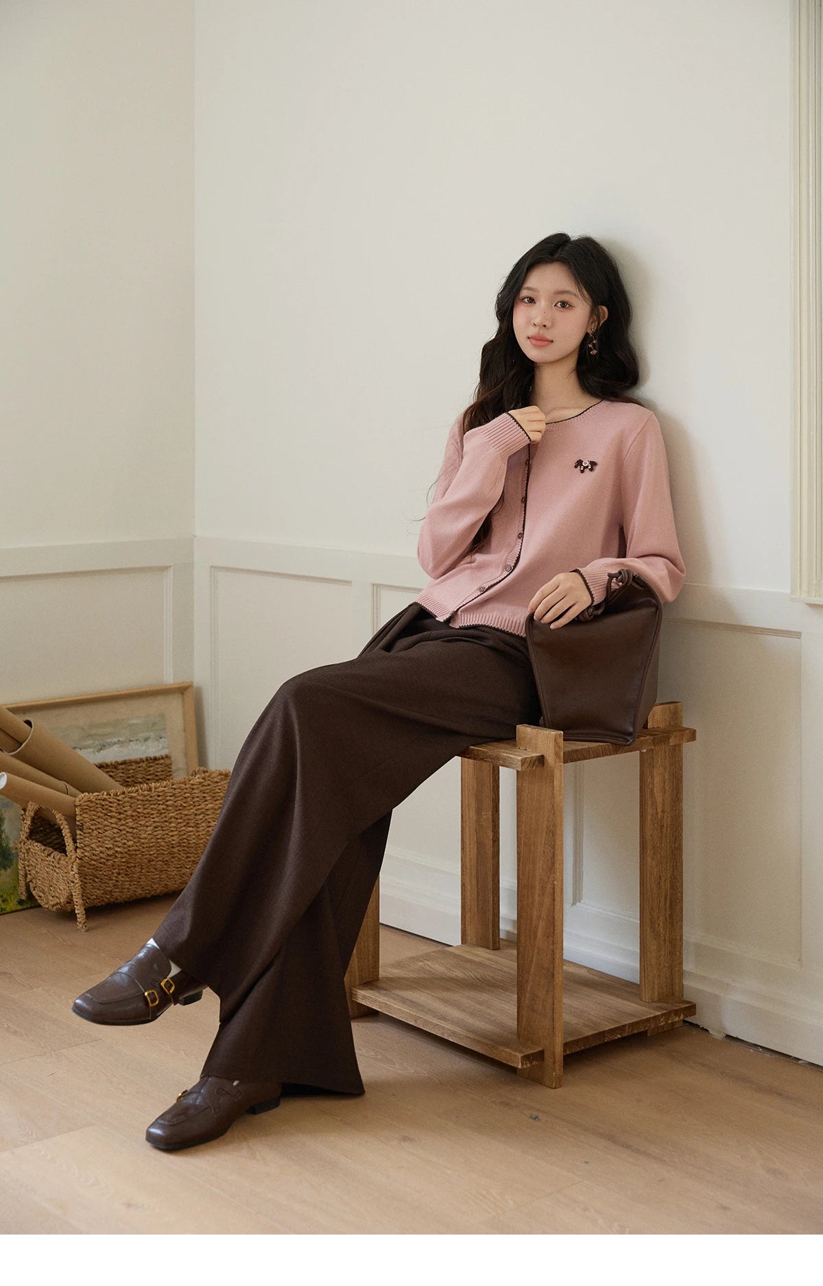 MISHOW Contrast Trim Crew Neck Knit Cardigan 2026 Spring Single Breasted Casual Pink Sweater with Pony Decoration MXF108Z1023