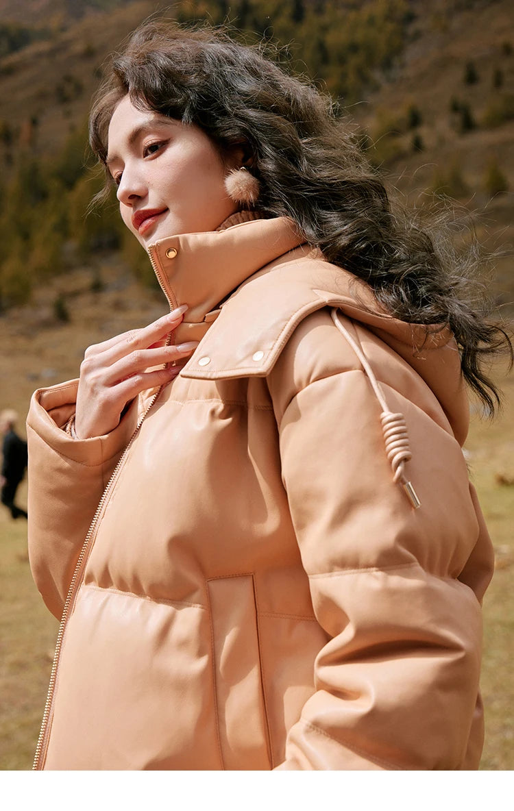 MISHOW Women's Winter Down Jacket 2023 Hooded Short White Duck Down Coats Imitation Protein Leather Puffer Jackets MXC52Y0008