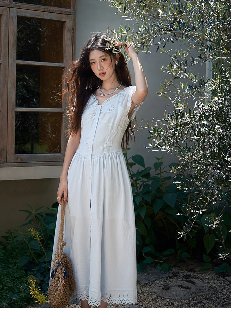 Mishow V-Neck Mushroom Edge Embroidery Button Dress MXE39L2407