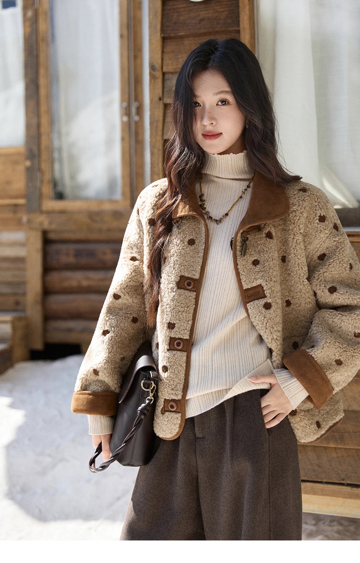 MISHOW Women's Brown Reversible Shearling Coat 2025 Winter Suede Polka Dot Lapel Coats Fleece Thick Warm Short Jacket MXE93W1012