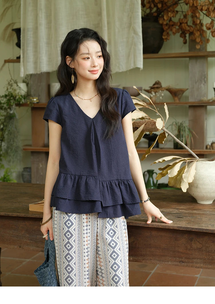 MISHOW Women's Two Piece Set 2025 Summer Spliced Lotus Leaf Edge V-neck Blouse Fashion Geometric Wide Leg Pants Set MXE39T0670