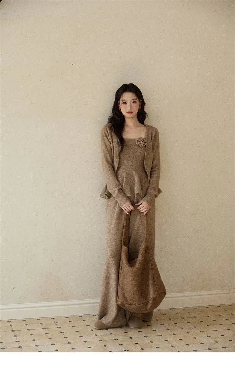 MISHOW Khaki Knitted Three-Piece Winter Set for Woman RetroThree-Dimensional Floral Camisole Cardigan Wide-Leg Pants MXE87T1449