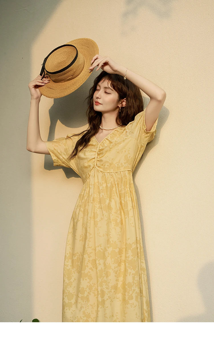 MISHOW Tea Break V-neck Dress for Women 2024 Summer French Temperament Chiffon Floral Puff Sleeve Waist Long Dresses MXD23L1878