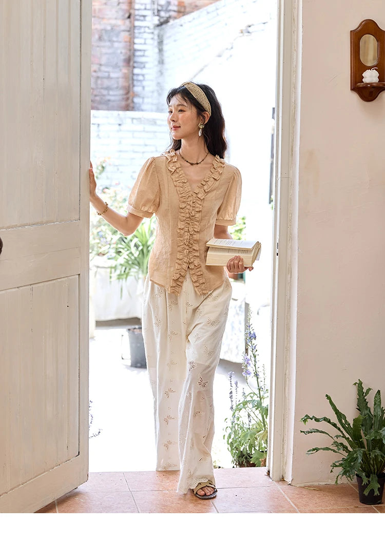 MISHOW V-Neck Blouse Puff Sleeve Fungus Edge Slim MXE35X1841