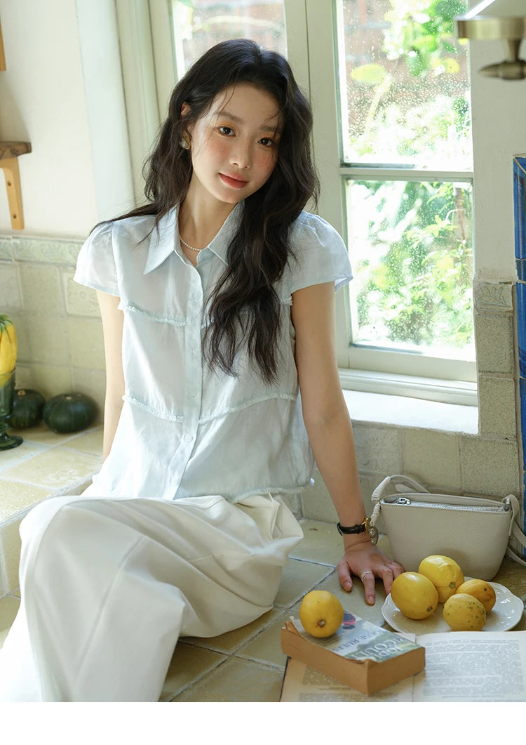 MISHOW Women's Turn-down Collar Button Casual Shirt 2025 Summer New Ladies Wear Edge Splicing Commut Short Sleeve Top MXE39C2363