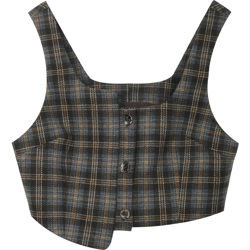 MISHOW Blue Plaid Vest Retro Skirt Separately Women 2024 Winter Retro Plaid Irregular Square Collar Top Midi Skirt MXD44W0454