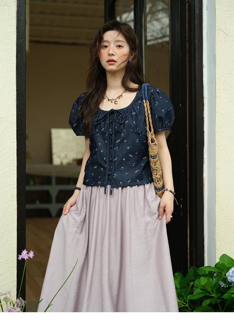 MISHOW Fashion Puff Sleeve Square Neck Blouse for Women 2025 Summer Lace Up Button Print Denim Top Women's Clothing MXE39X1933