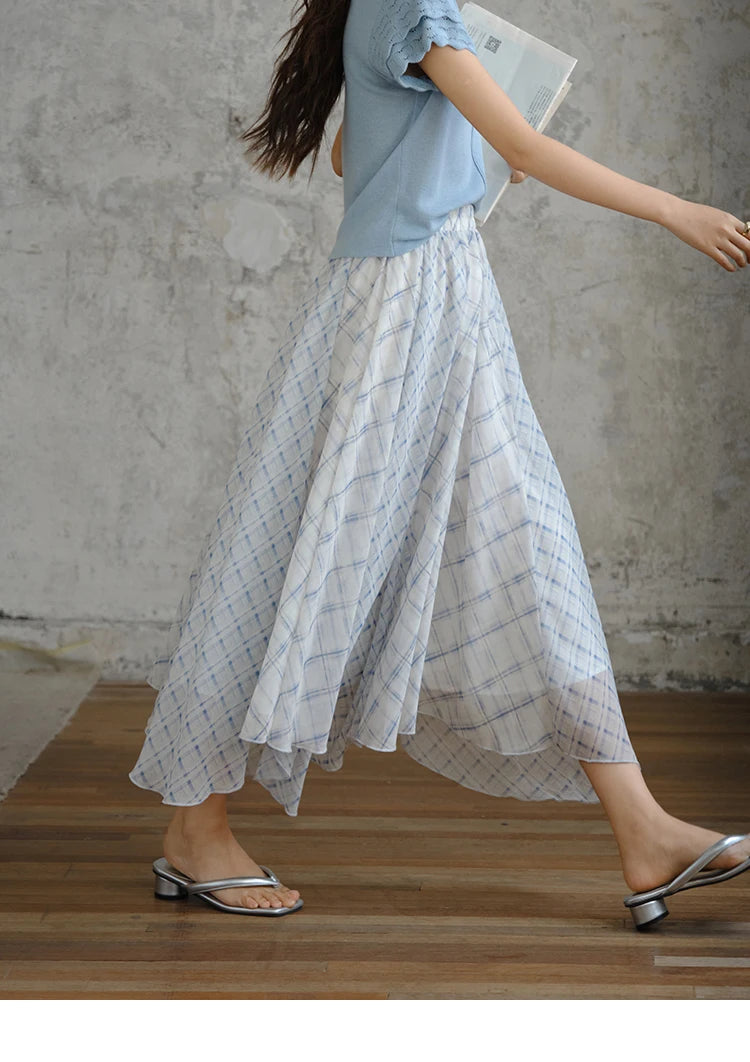 MISHOW Patchwork Plaid Chiffon Half Skirt for Women 2025 Summer Fashion Irregular Wave Edge High Waist A-line Skirt MXE34B0739