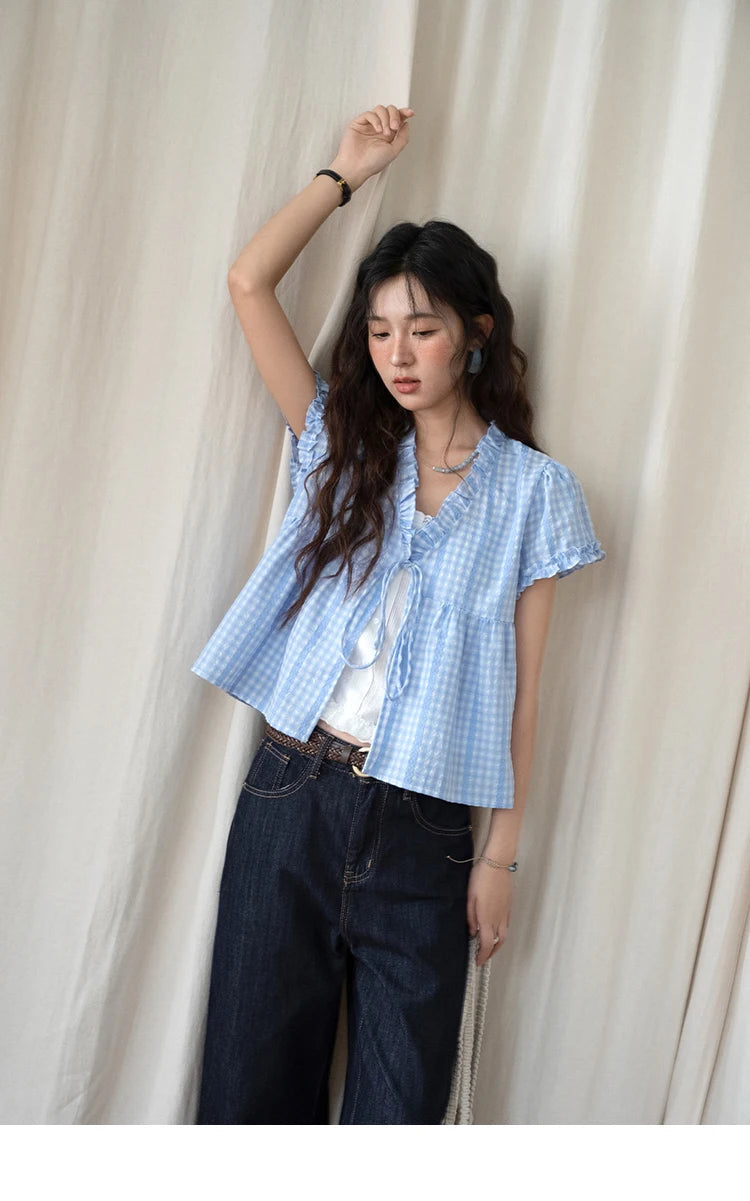 MISHOW Women's Plaid Blue Fake Two Piece Blouse 2025 Summer Fashion Puff Sleeve V-neck Lace Up Top Female Clothing MXE37X1901