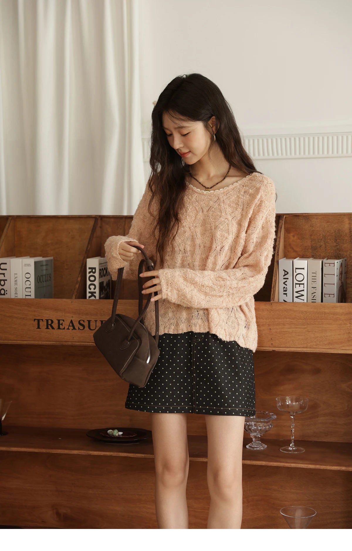 MISHOW Bamboo Loop Yarn Knitted Sweater for Women Autumn 2025 Hollow V-neck Lace Sweater Casual Solid Pullovers Tops MXE43Z1349