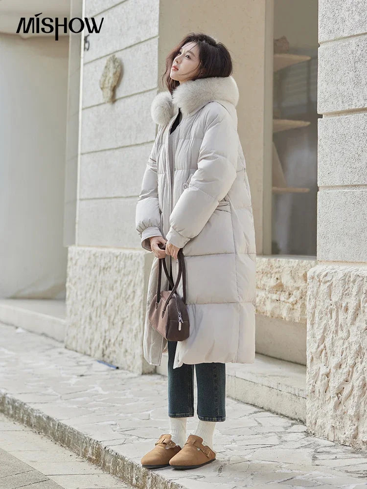 MISHOW Long Hooded Down Coats Fox Fur Collar Bread Jacket Duck Down Quilt Clothing 2024 Winter Women Thickened Coat MXD56Y0054