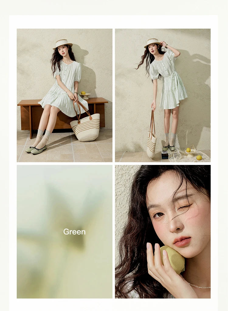 MISHOW French Green Striped Dress Women Summer 2025 Short Puff Sleeve Round Neck New Mid-length Dresses Woman Fashion MXE15L2141