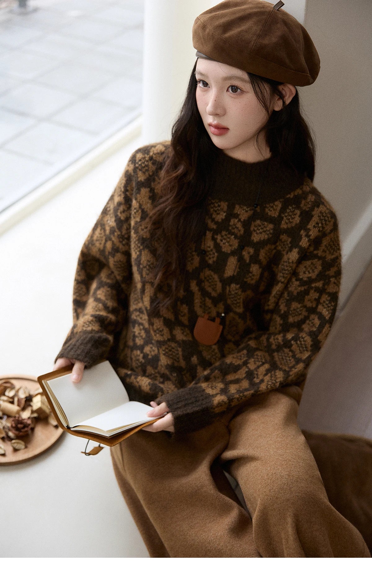 MISHOW Women's Color Block Geometric Leopard Jacquard Sweater Winter French Half Turtleneck Dropped Sleeve Knitwear MXE91Z2839