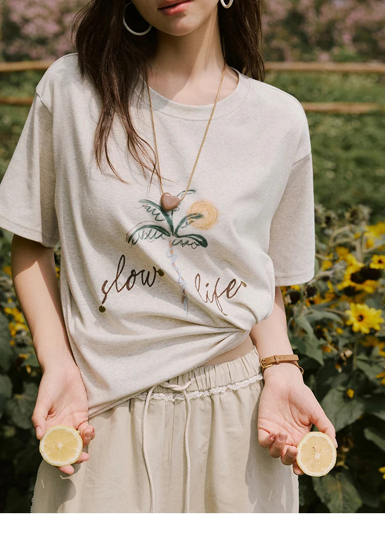 MISHOW Casual Summer Print Shirts Women 2025 Short Sleeve Round Neck Coconut Tree Straight T-shirts Woman Versatile MXE31T0520