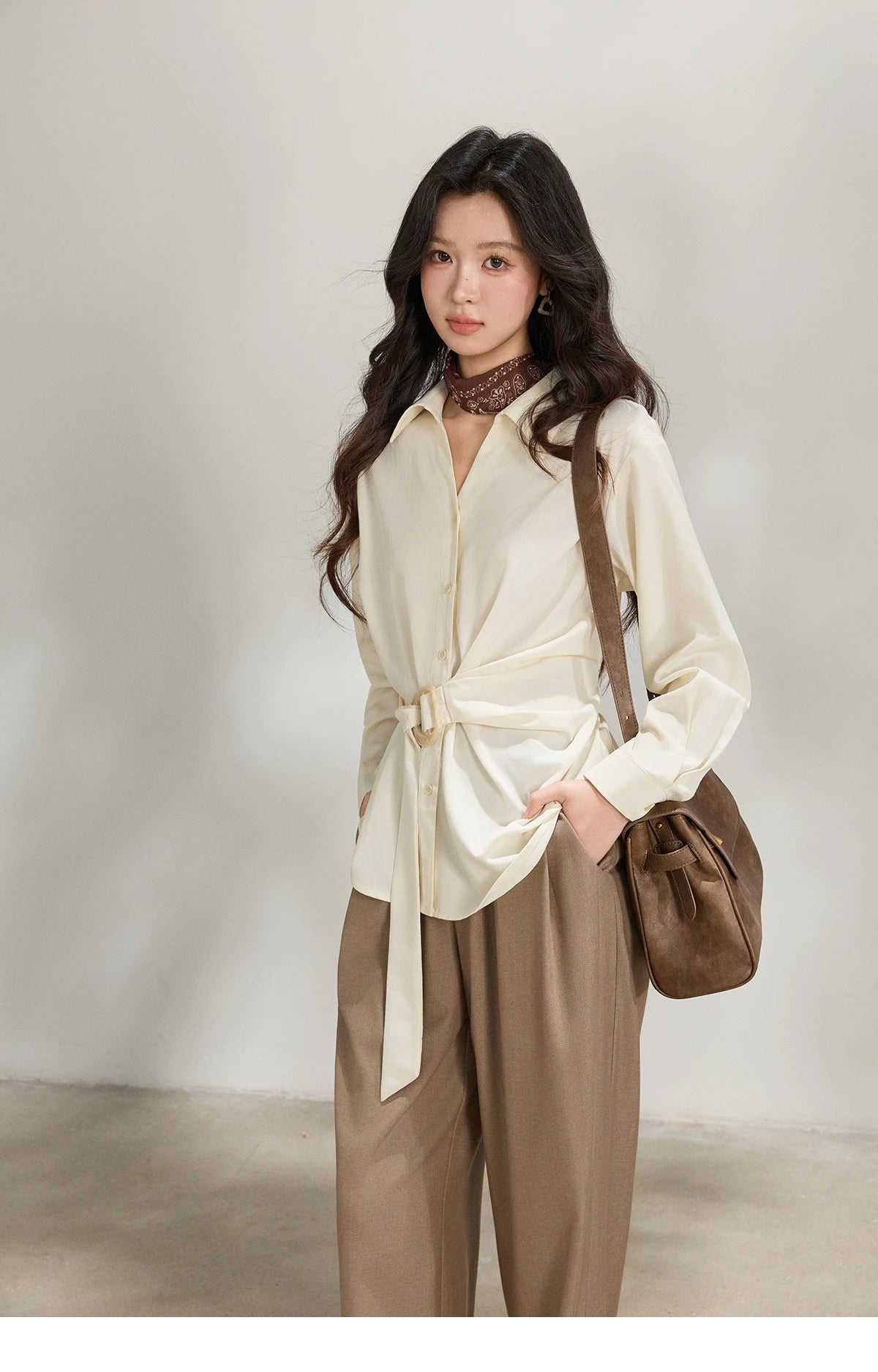 MISHOW Women's Lapel Collar Long Sleeve Shirt 2026 Spring with Belted Waist Casual Loose Soft Beige Shirt Office Lady MXF13C2452