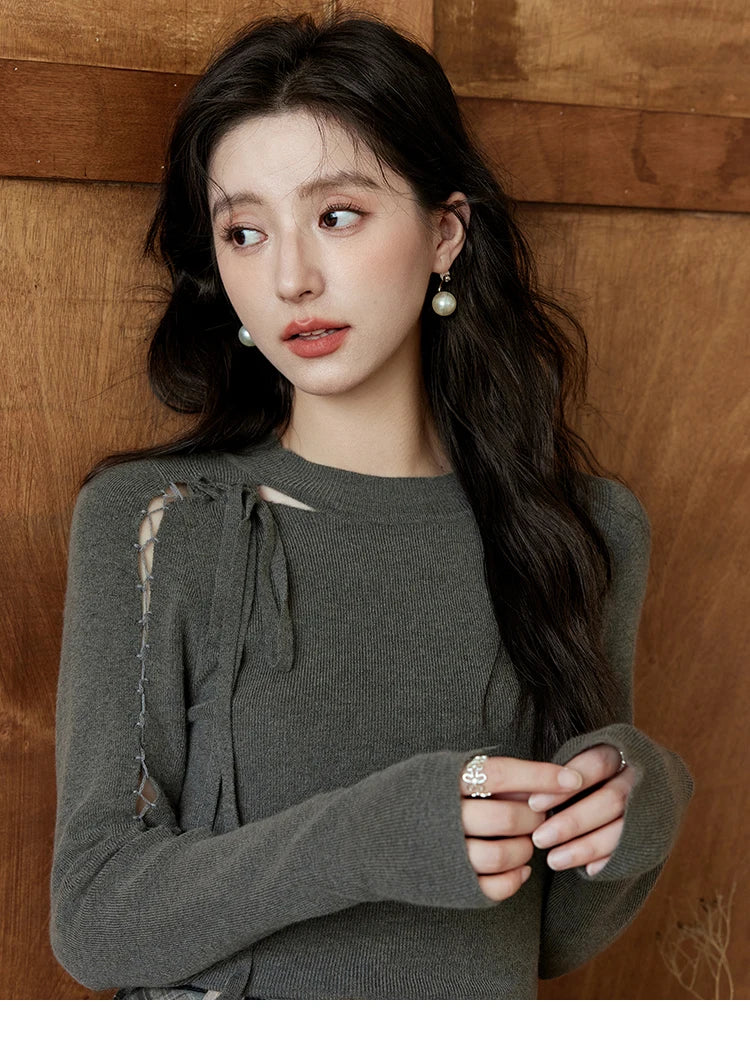 MISHOW Bottom Knit Sweater Women Fashion Hollow Tie Design Bottoming Shirt 2024 Fall New Warm Long-sleeved Slim Tops MXD45Z0766