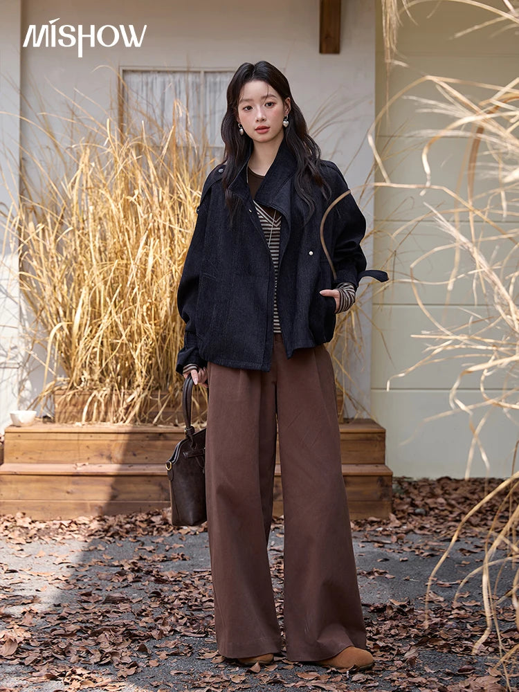 MISHOW Navy Blue Short Jacket for Women 2025 Autumn Winter Safari Style Stand Collar Epaulette Design Cuff Jacket MXE49W0901