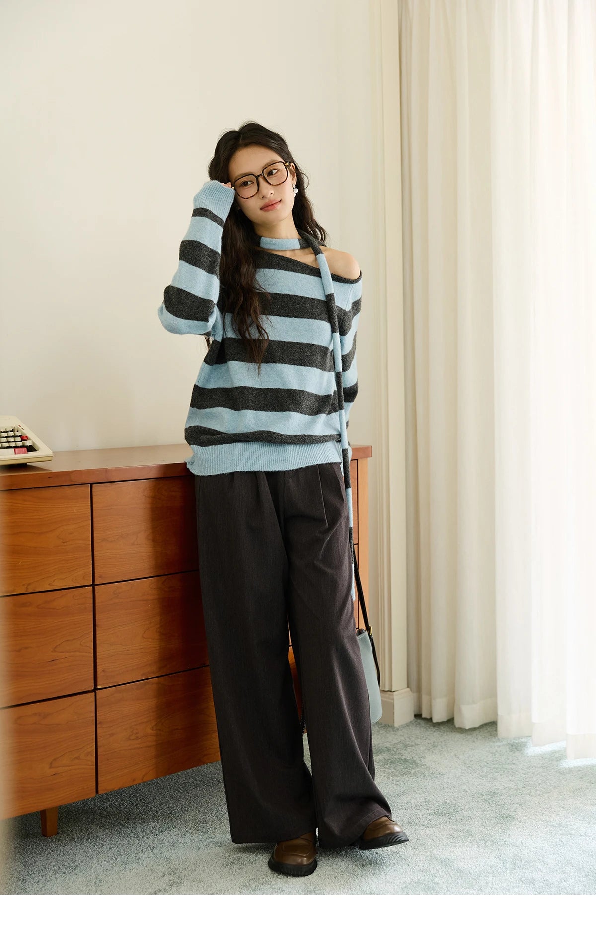 MISHOW Blue Gray Stripe Knitted Top 2025 Autumn Slanted Shoulder Collar Sweaters with Ribbon Loose Wool Blend Sweater MXE46Z2540